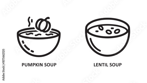 Soup Icons: Steaming Pumpkin Soup and Lentil Soup Bowl, Vector Graphics for Food and Cuisine