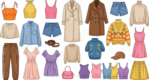 Women fashion clothing vector set with dresses, coats, tops, sweaters, skirts, shorts and accessories