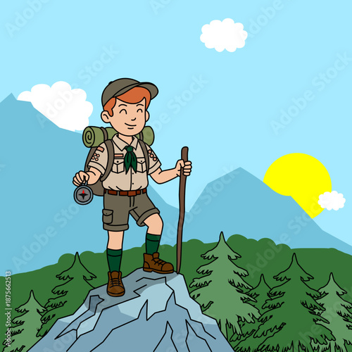 A red-haired scout stands on a hilltop: An illustration of outdoor adventure, Scouting excellence, and wilderness exploration at dusk. National Boy Scout Day, February 8th.