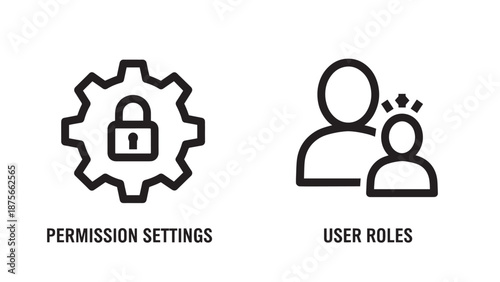 Icons representing system settings with a locked gear and user roles with parent and child figures, for access control concepts.