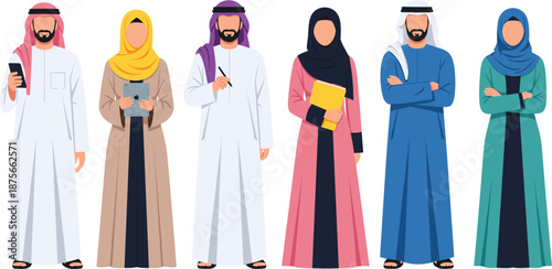 Arab professionals vector set, Middle Eastern men and women in traditional clothing using technology and documents