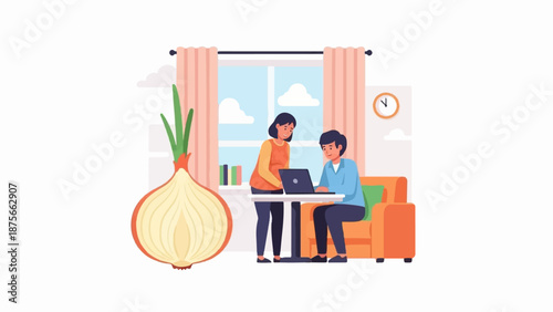 Duo works on laptop near window, with a large halved onion nearby