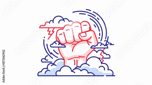 Dynamic fist erupting from stormy clouds with lightning