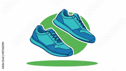 Dynamic illustration of two teal and blue athletic shoes suspended in mid-air against a green circle