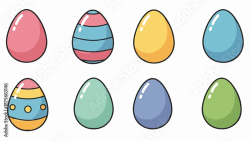 Eight colorful cartoon-style eggs are displayed in two rows of four, each with a unique design and pastel hue