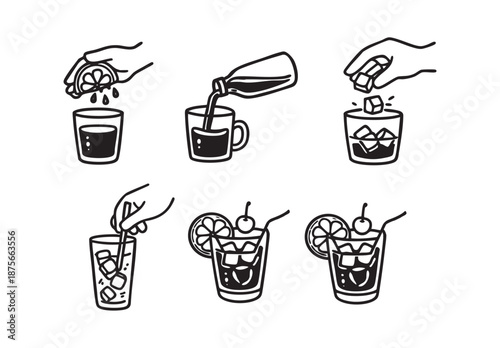 Beverage preparation sequence line art illustration
