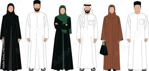 Arab men and women traditional clothing vector set, Middle Eastern people wearing thobe, abaya and hijab
