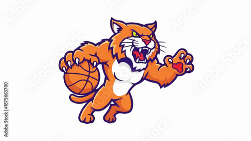 Fierce cartoon feline dribbling a basketball in mid-air, ready to score