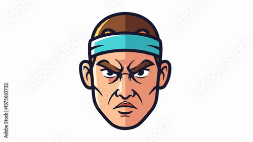 Fierce face with determined expression, blue headband, brown hair