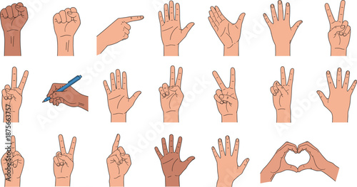 Hand gestures vector set, human hands showing signs, numbers, pointing, writing and heart symbol