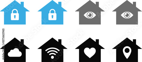 Smart home icon vector set with security, surveillance, cloud, wifi, location and connected house symbols