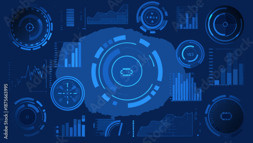 Futuristic blue dashboard with various data visualization graphs and charts