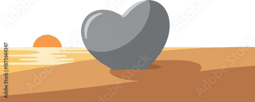 Gray heart-shaped rock on a sandy beach during sunset