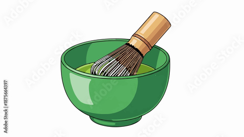 Green bowl with bamboo whisk for preparing matcha tea