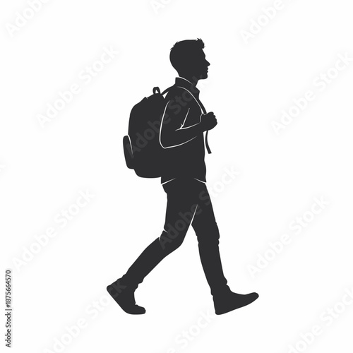 Man Walking with Backpack Silhouette Profile.