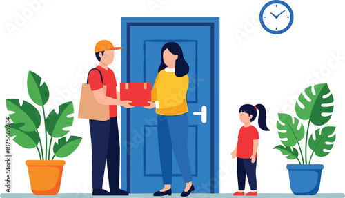 Food delivery courier handing package to woman at home doorway, contactless service, fast shipping, online order, modern flat illustration