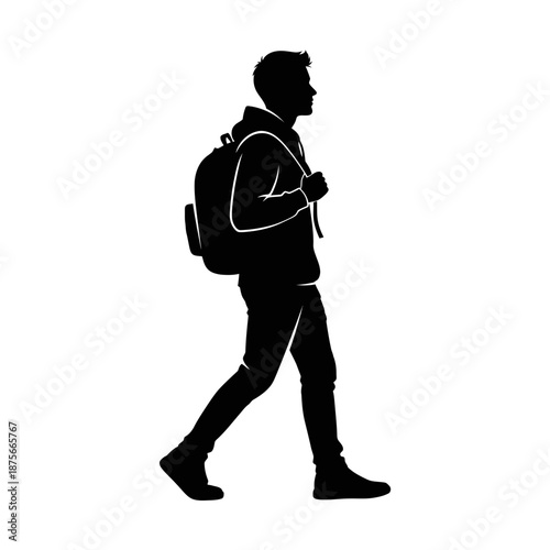 Man Walking with Backpack Silhouette Profile.