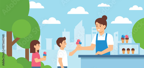 Ice cream vendor serving happy children at outdoor park kiosk, summer refreshment, family lifestyle, sweet dessert, flat vector illustration