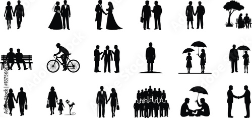 People relationship silhouette set, couples family business social activities, wedding walking talking scenes, black shadow illustration, isolated vector collection