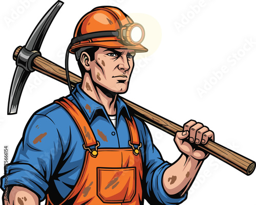 Mining worker holding pickaxe wearing safety helmet, underground industry laborer, extraction job, resource production, vintage style vector illustration design artwork