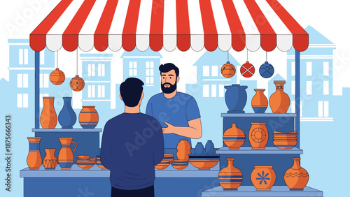 Pottery market stall with ceramic crafts seller and customer, handmade clay products, traditional bazaar shopping, flat vector illustration design