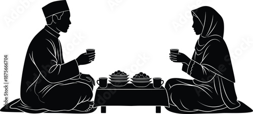 Muslim couple silhouette illustration showing man and woman sharing tea during traditional meal, Islamic cultural hospitality concept, black vector art isolated on white background
