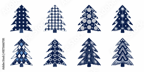 a collection of eight uniquely decorated christmas trees