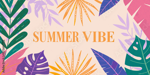 Summer vibe with colorful tropical leaves on a light background