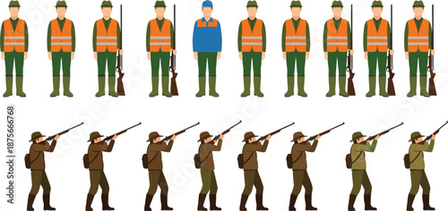Hunter vector illustration set showing hunting men with rifles in standing and shooting poses isolated on white