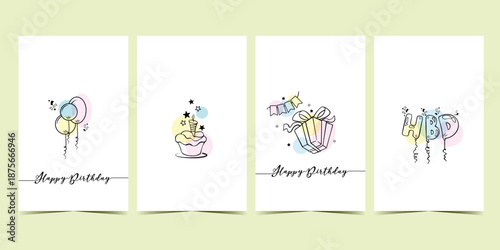 Set of postcard with a simple design.Minimalist linear universal birthday invitation.