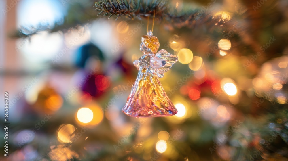 Fototapeta premium Glass angel ornament hangs on Christmas tree with blurred lights