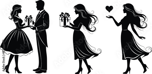 Elegant romantic couple silhouettes exchanging gifts and expressing love with heart symbol, classic vintage style black figures isolated on white background illustration