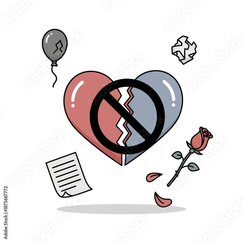 Broken heart with a forbidden sign symbolizing a painful breakup and the end of a relationship.