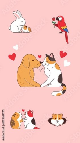 Cartoon Animals Showing Love and Affection.