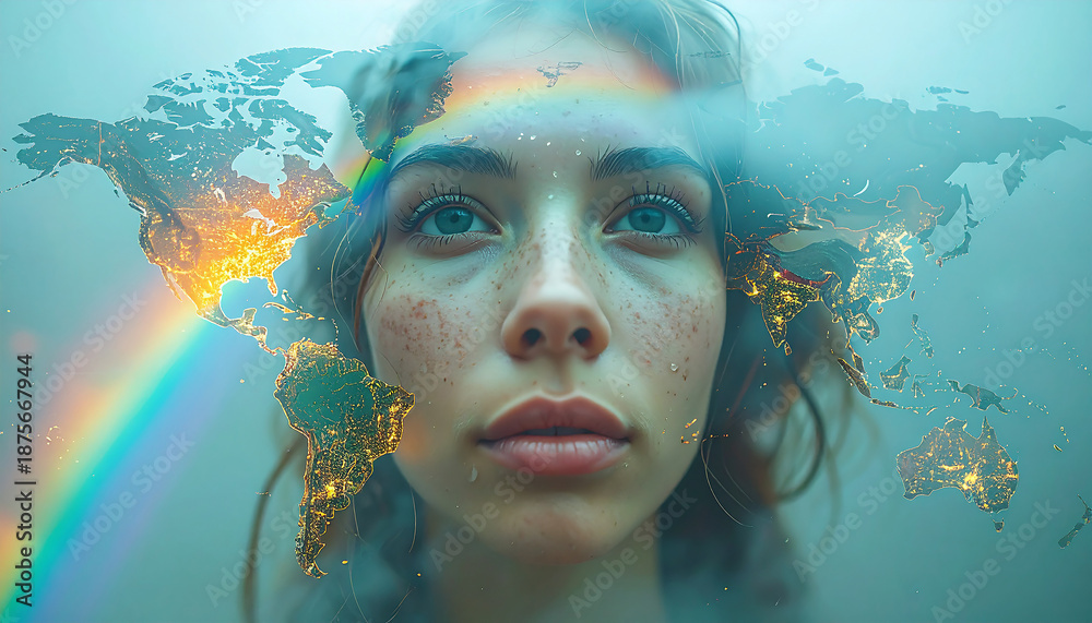 Fototapeta premium Global Connection: A woman emerges from a swirling vortex of the world, adorned with a rainbow, symbolizing unity and interconnectedness. Her expression reflects introspection.