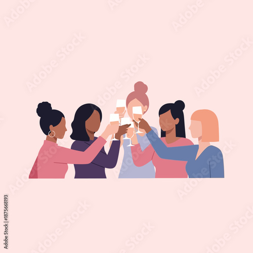 Diverse group of women celebrating with drinks toasting to friendship and success.