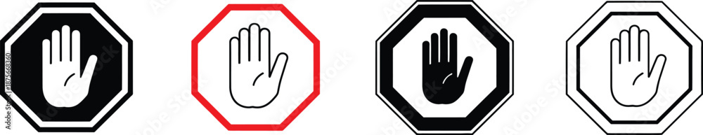 Obraz premium Stop icon set vector illustration featuring road stop sign and hand stop symbols in clean minimalist outline style