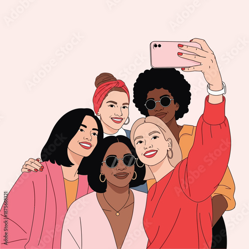 Group of Diverse Women Taking Selfie Together.