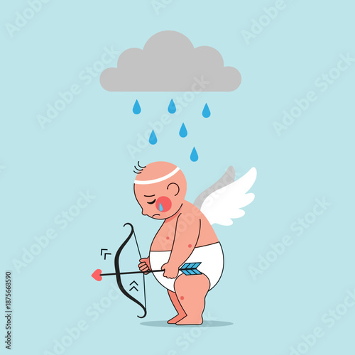 Sad Cartoon Cupid Shooting Bow and Arrow.