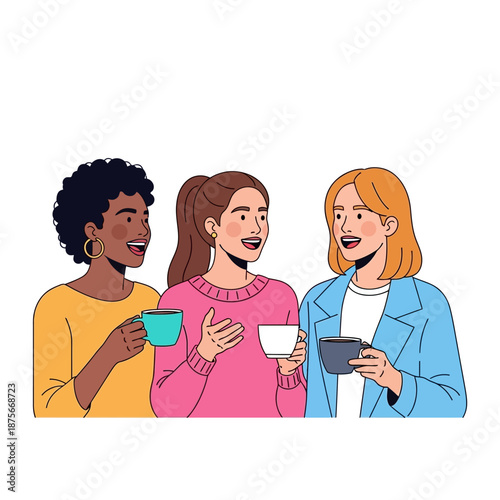 Three Women Holding Cups and Phone.