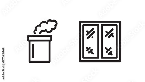Home architecture icons featuring a smoking chimney and window view of snow