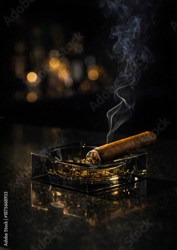 Lit cigar resting in a glass ashtray with rising smoke on a dark bar counter. Glowing ember, moody light and luxury lounge ambiance create a rich and elegant smoking scene at night.