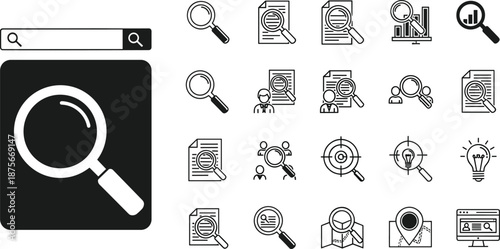 Black and white line of magnifying glass and search line black and white symbols