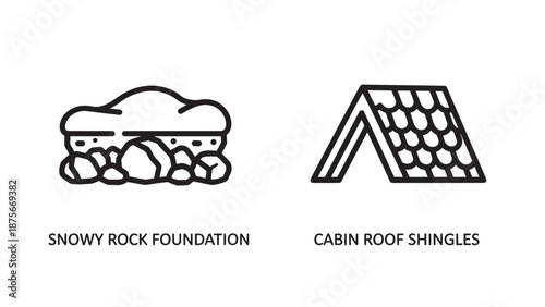 Construction and architecture icons depicting a snowy rock foundation and cabin roof shingles in minimalist line style.