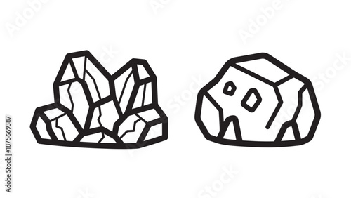 Jagged rock formations and mineral stone clusters line art icons for nature and geology designs.