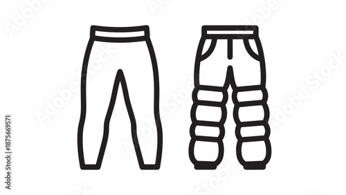 Apparel icons for athletic leggings and heavy winter padded trousers for outdoor activities and cold weather.