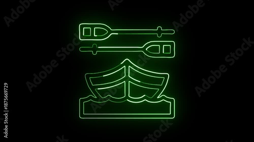 Glowing neon line canoe with gentle water ripple motion. Watercraft icon animation HD video isolated on black background