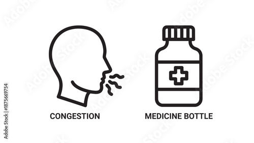 Healthcare Icons Representing Nasal Congestion Symptoms and Medical Prescription Bottle for Pharmacy Concepts