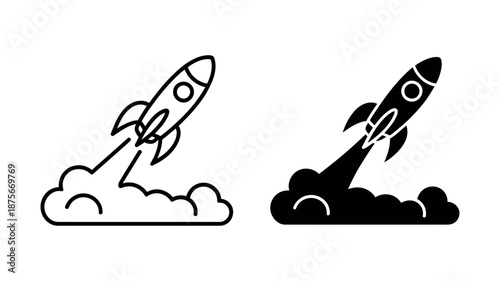 Rocket launch icon or symbol showing a spaceship taking off for space travel
