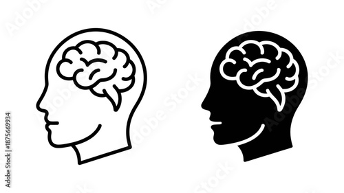 Human head with brain icon set showing line art and silhouette design